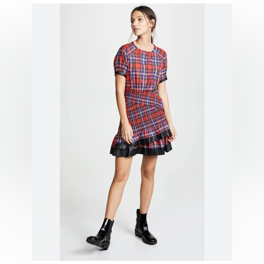 Tanya Taylor Nicole Dress in "Red Plaid Flannel" w/ Leather Trim - Size 6 - NWOT